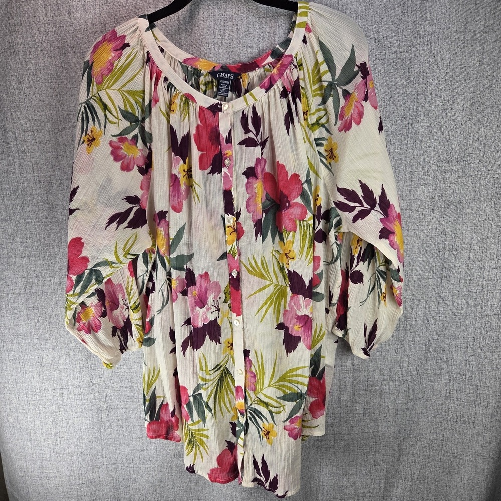 Chaps Button Up Boat Neck Womens 2X Ivory Pink Floral Shirt Peasant Blouse Boho